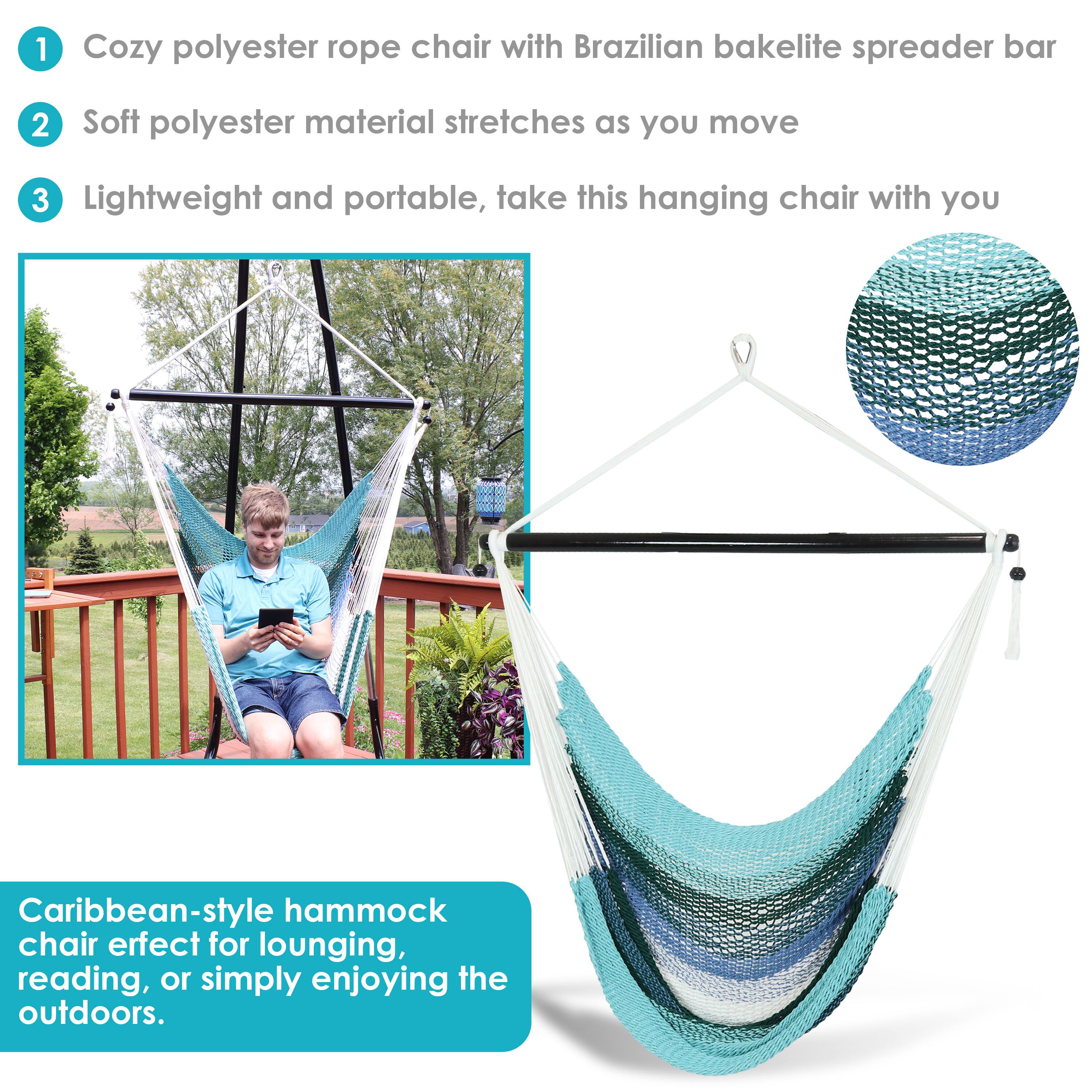 1. Cozy polyester rope chair with Brazilian bakelite spreader bar
2. Soft polyester material stretches as you move
3. Lightweight and portable, take this hanging chair with you

Caribbean-style hammock chair perfect for lounging, reading, or simply enjoying the outdoors.