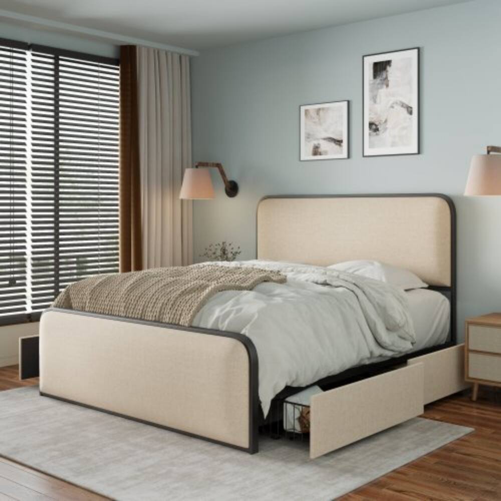 Angle. LUCKY ONE - Queen Size Modern Metal Bed Frame with Curved Upholstered Headboard and Footboard, 4 Storage Drawers - Beige.