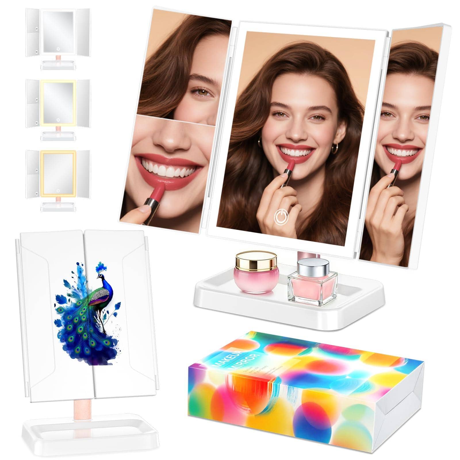 PO3TICJUNKI3 - For Mom Makeup Mirror Vanity With Lights L X W Rechargeable Lighted Magnification Color Temperature Options - Peacock C