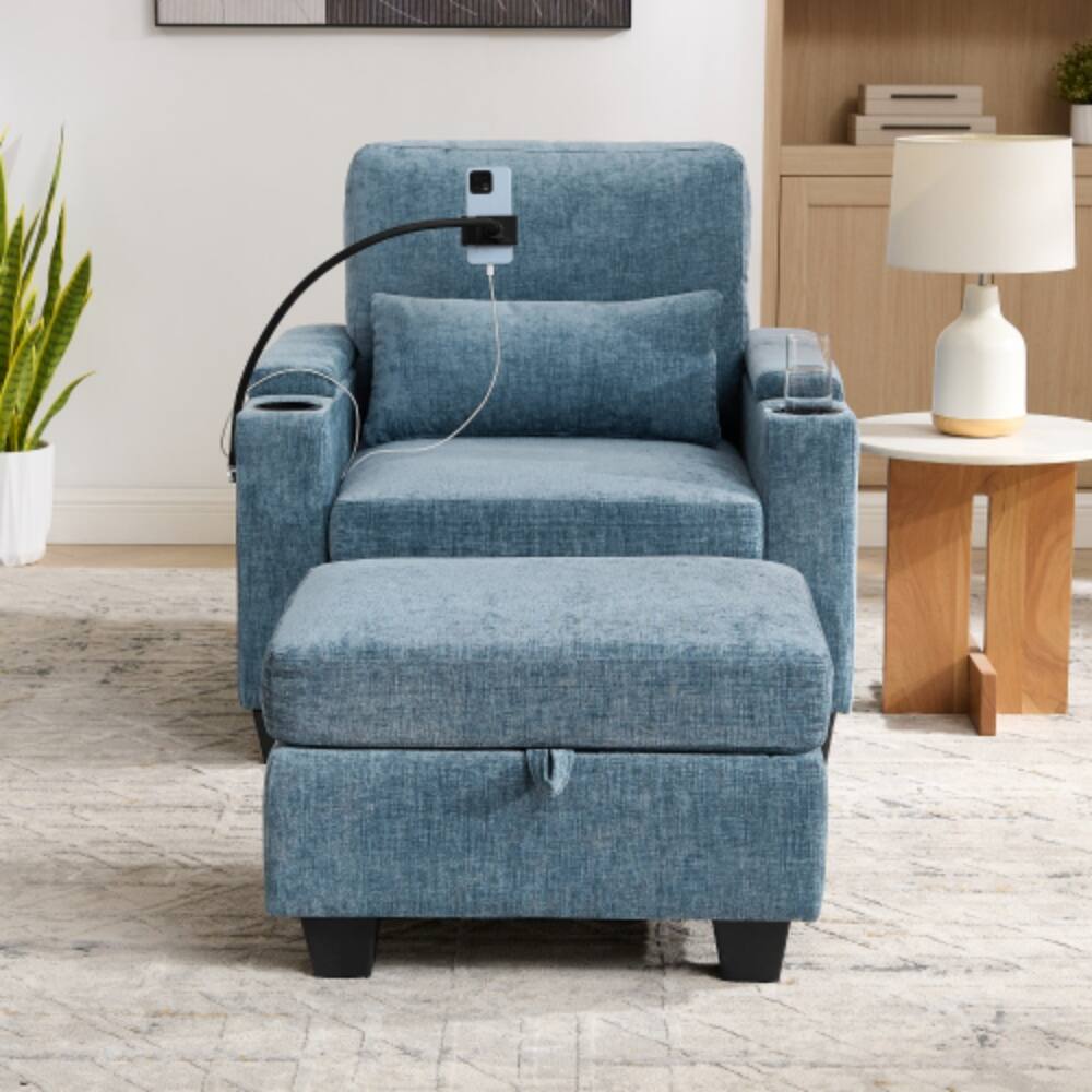 Left. LUCKY ONE - Single Sofa Recliner w/ Manual Backrest USB Port Cup Holders Hidden Storage Ottoman - Blue.