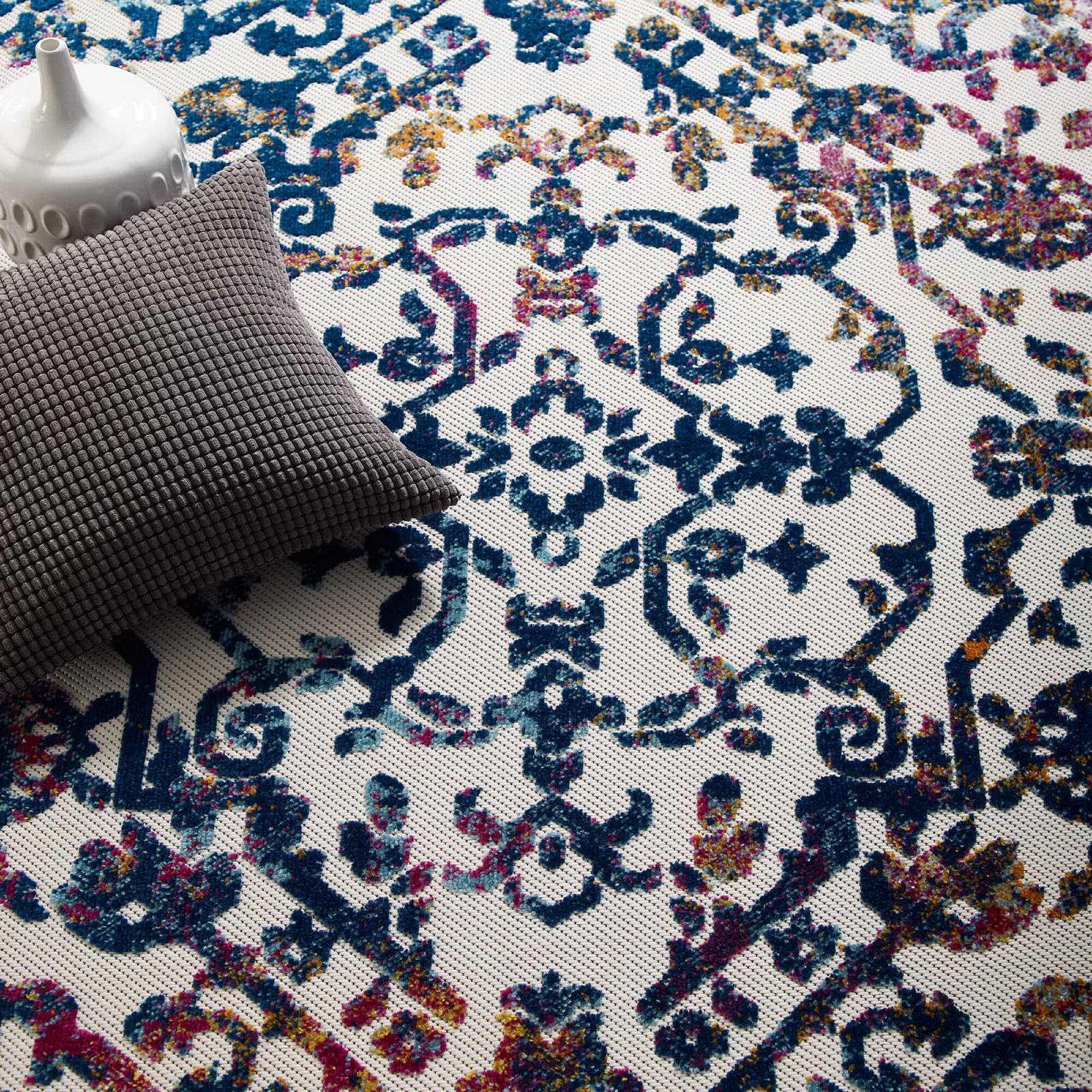 Back. Modway - Reflect Primrose Ornate Floral Lattice Indoor/Outdoor Area Rug - Ivory Dark Blue Multicolored.