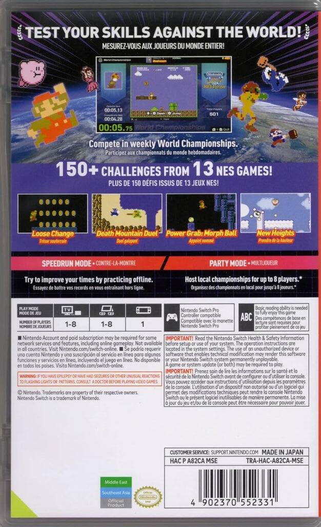 **TEST YOUR SKILLS AGAINST THE WORLD!**  
**MESUREZ-VOUS AUX JOUEURS DU MONDE ENTIER!**

**Compete in weekly World Championships.**  
**Participez aux championnats du monde hebdomadaires.**

**150+ CHALLENGES FROM 13 NES GAMES!**  
**PLUS DE 150 DÉFIS ISSUS DE 13 JEUX NES!**

- Loose Change  
- Death Mountain Duel  
- Power Grab: Morph Ball  
- New Heights

**SPEEDRUN MODE - CONTRE-LA-MONTRE**  
Try to improve your times by practicing offline.  
Essayez de battre vos records en vous entraînant hors ligne.

**PARTY MODE - MULTIJOUEUR**  
Host local championships for up to 8 players.  
Organisez des championnats en local pour jusqu'à 8 joueurs.

**PLAY MODE - MODE DE JEU**  
**NUMBER OF PLAYERS - NOMBRE DE JOUEURS**  
1-8 1-8 1

**Nintendo Switch Pro Controller compatible**  
**Nintendo Switch Pro Compatible avec la manette**

**Basic reading ability is needed to