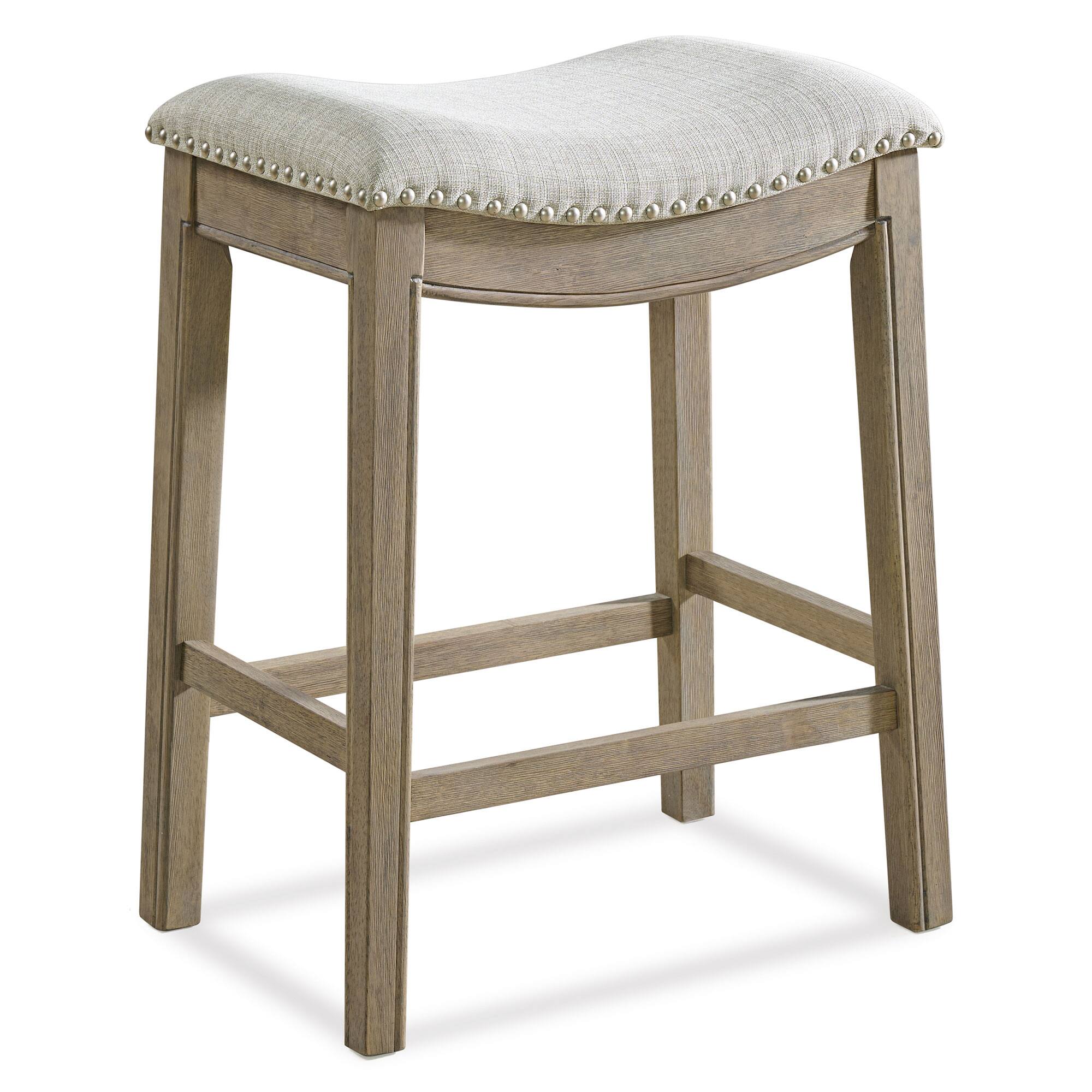 ROME + OAK - Parker Backless Saddle Kitchen Counter Stool, Oak, Grey Upholstery - Reclaimed Oak/Grey - With Nailheads