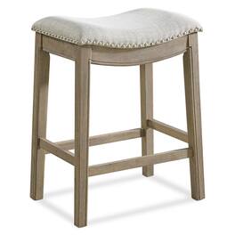 ROME + OAK - Parker Backless Saddle Kitchen Counter Stool, Oak, Grey Upholstery - Reclaimed Oak/Grey - With Nailheads