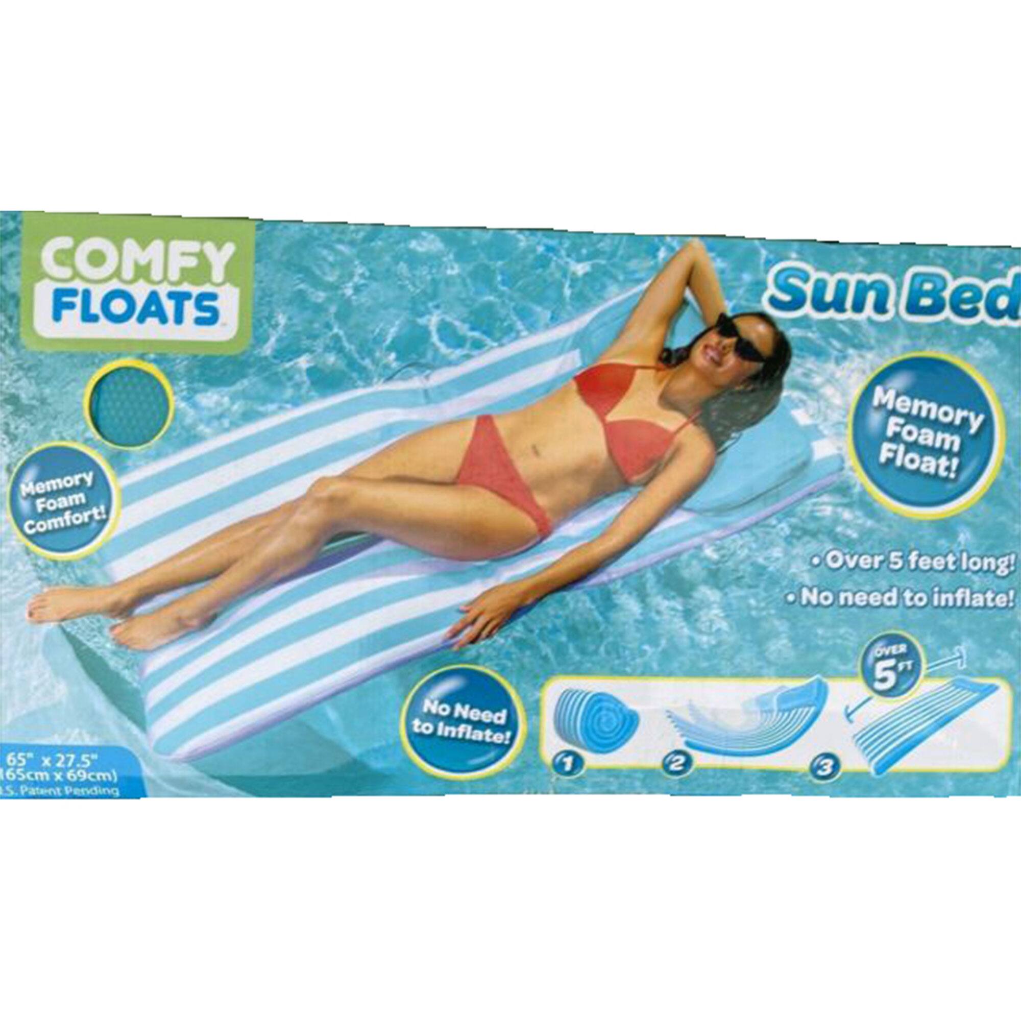 COMFY FLOATS Sun Bed Memory Foam Comfort! Memory Foam Float! Over 5 feet long! No need to inflate! 65" x 27.5" (165cm x 69cm) S Patent Pending No Need to Inflate! 1 2 3 OVER 5"
