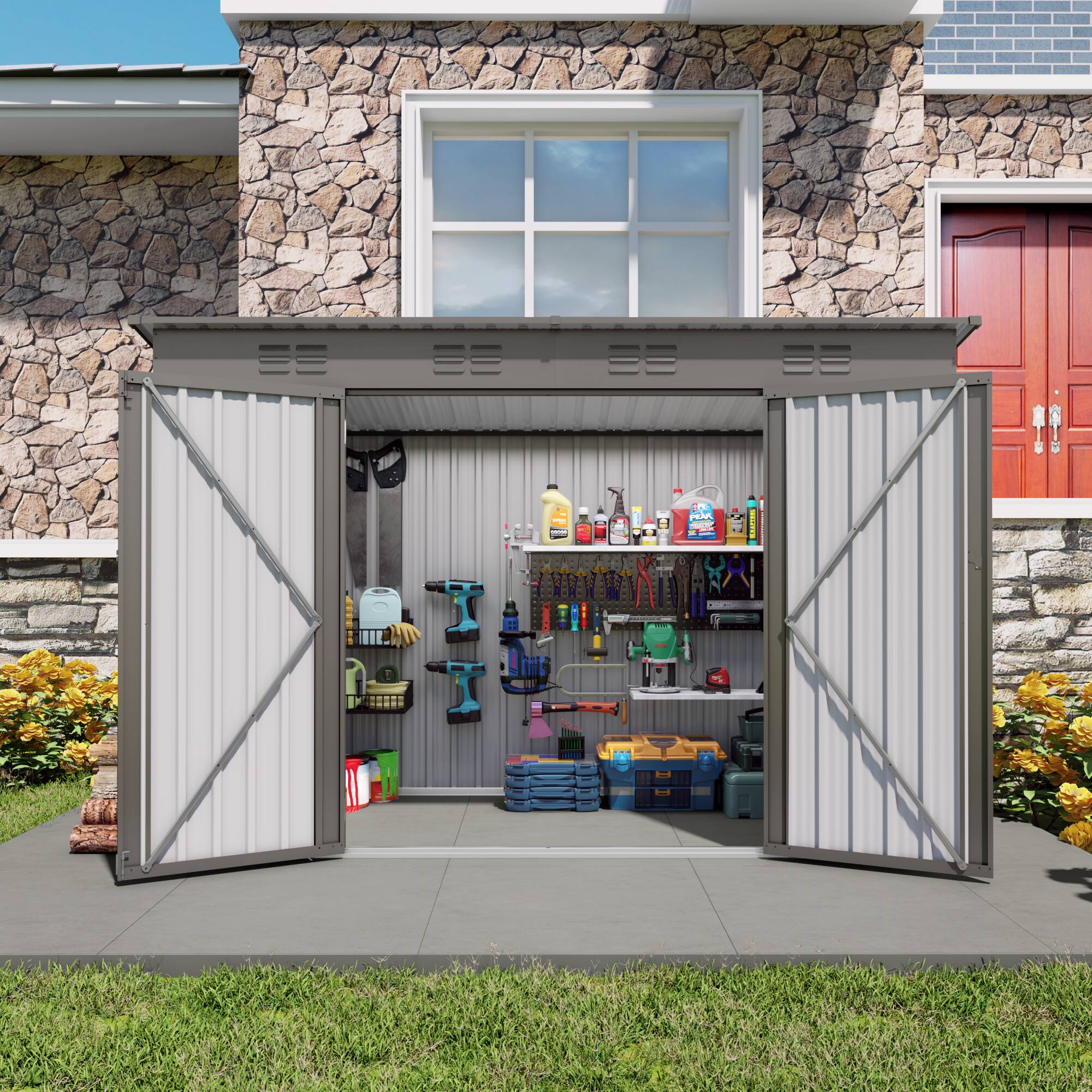 Angle. Loheer - Loheer 4x9 Metal Storage Shed with Sloping Roof and Swing Doors Gray.