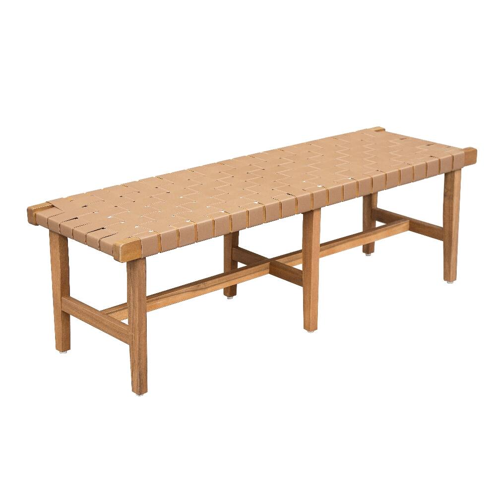 Angle. Ropilly - Ropilly Acacia Wood Bedroom Bench with Woven PU Leather Seat, Teak Finish Accent Bench for End of Bed - Teak.