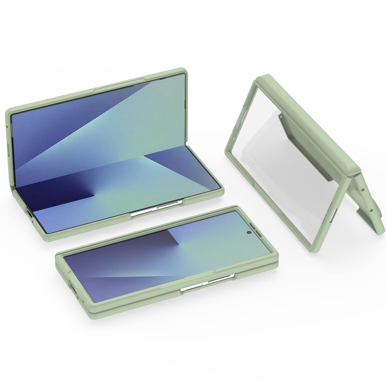 Angle. Dteck - Shockproof Case for Samsung Galaxy Z Fold7 with Built-in Glass Screen Protector, Rigid Hard PC Hinge Protective Cover - Lightgreen.