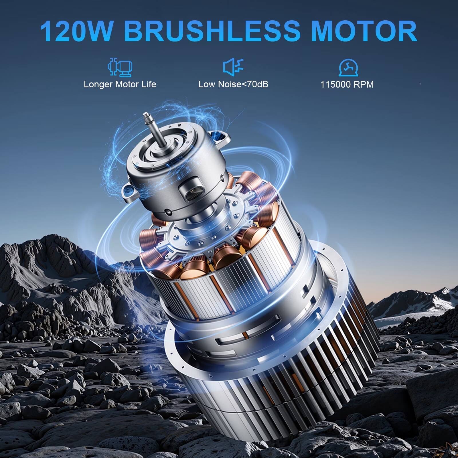 120W BRUSHLESS MOTOR  
Longer Motor Life  
Low Noise <70dB  
115000 RPM