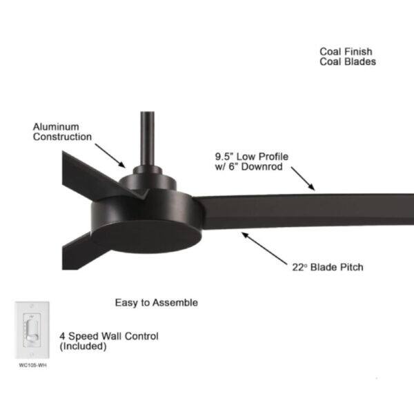 Coal Finish Coal Blades, Aluminum Construction, 9.5" Low Profile w/ 6" Downrod, 22° Blade Pitch, Easy to Assemble, 4 Speed Wall Control (Included) WC105-WH