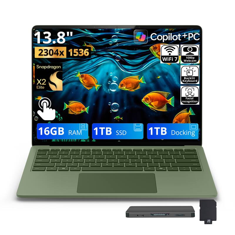 13.8" 2304x 1536 Snapdragon X2 Elite Copilot+PC WiFi 7 1080p Webcam A Backlit Keyboard Facial recognition 16GB RAM 1TB SSD 1TB Docking