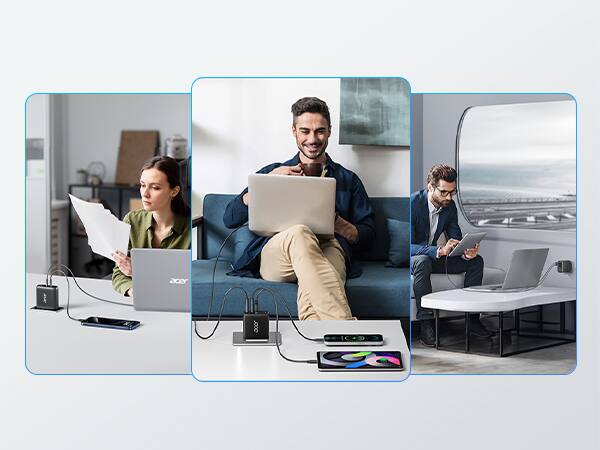 Alt View 10. Acer - Acer 67W USB C Charger, 3-Port GaN Fast Charging Block, Foldable and Portable USB Wall Plug Adapter - black.