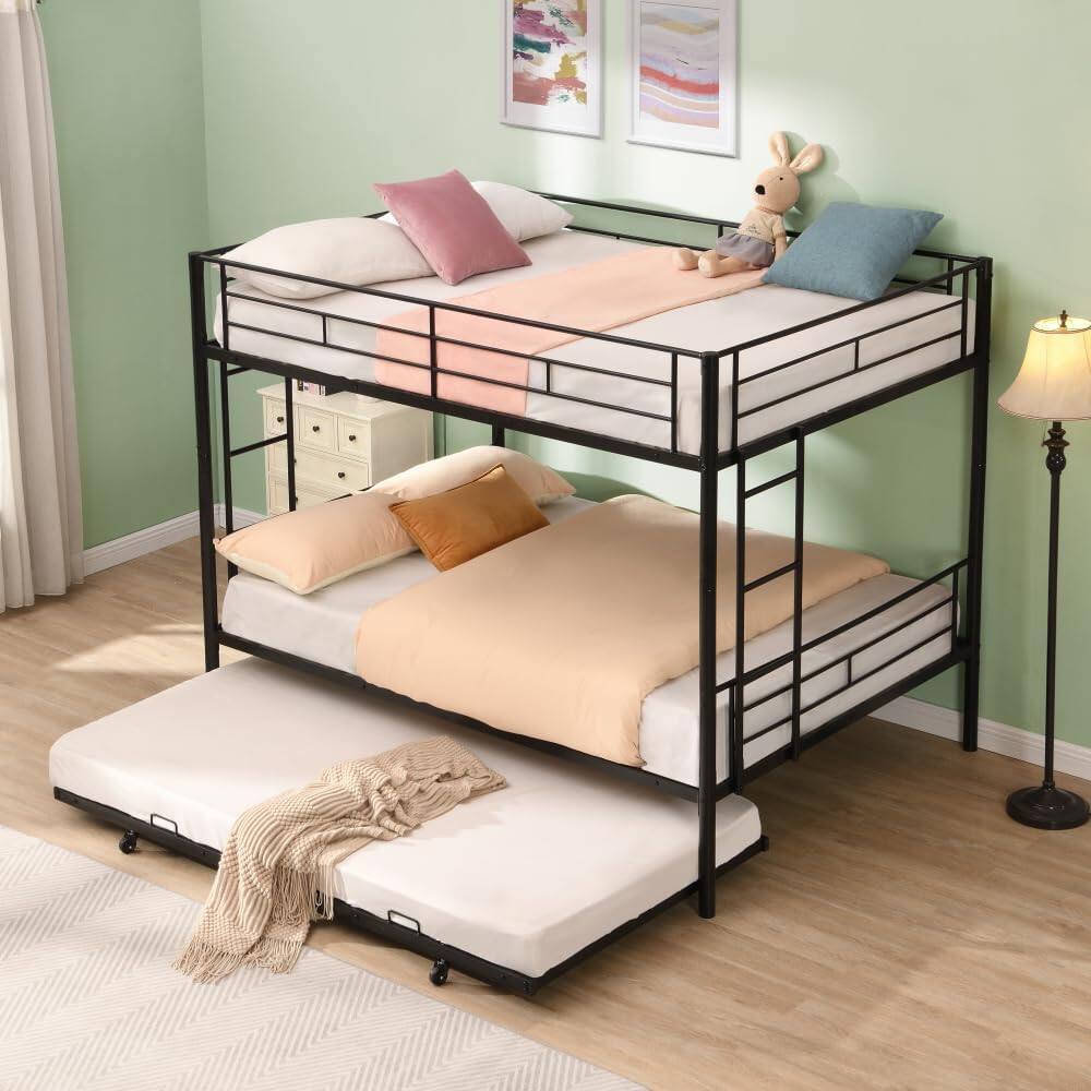 Alt View 5. Trinkets Crazed - Full Over Full with Trundle Metal Bunk Bed, No Box Spring Needed - black.