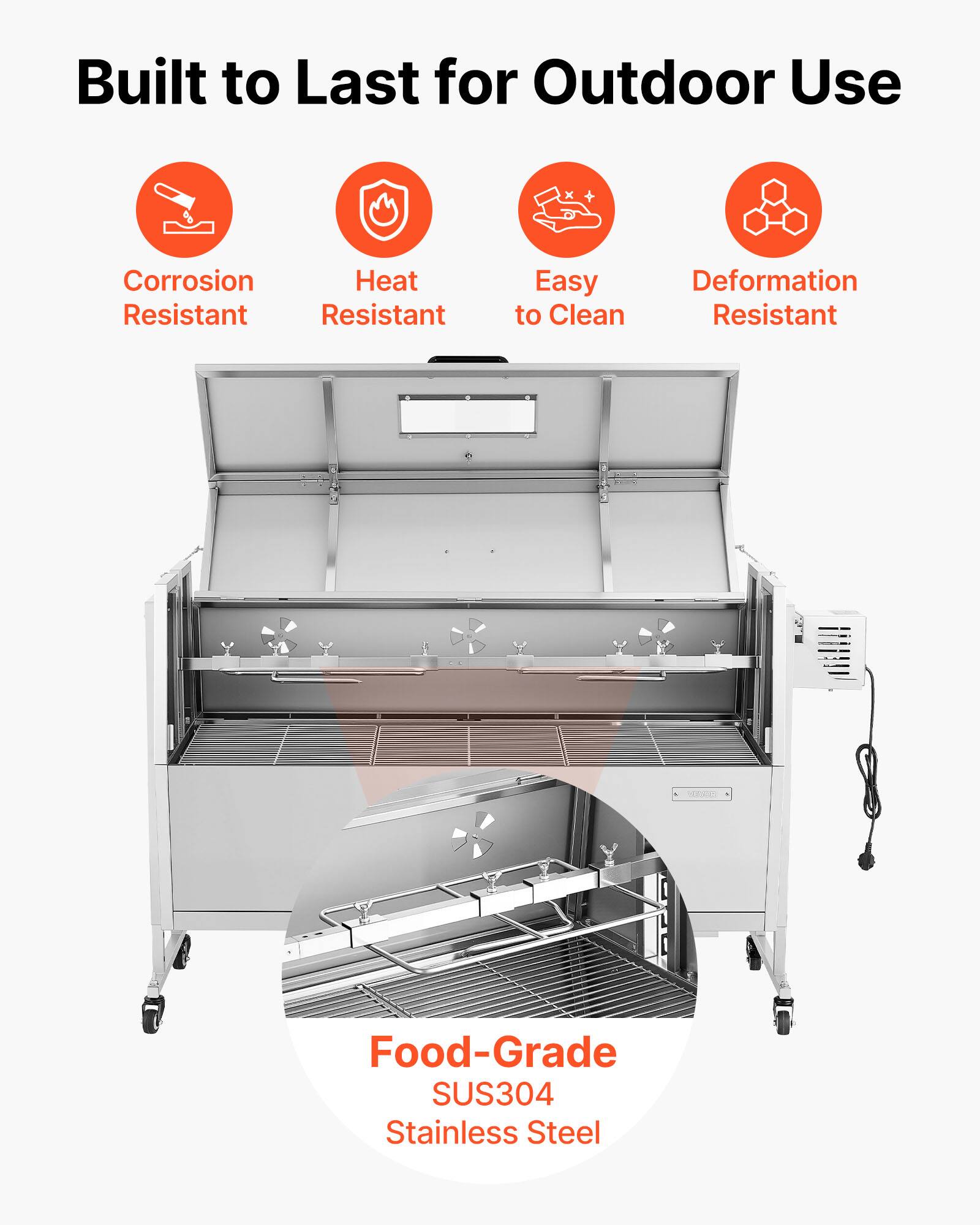 Built to Last for Outdoor Use

- Corrosion Resistant
- Heat Resistant
- Easy to Clean
- Deformation Resistant

Food-Grade SUS304 Stainless Steel