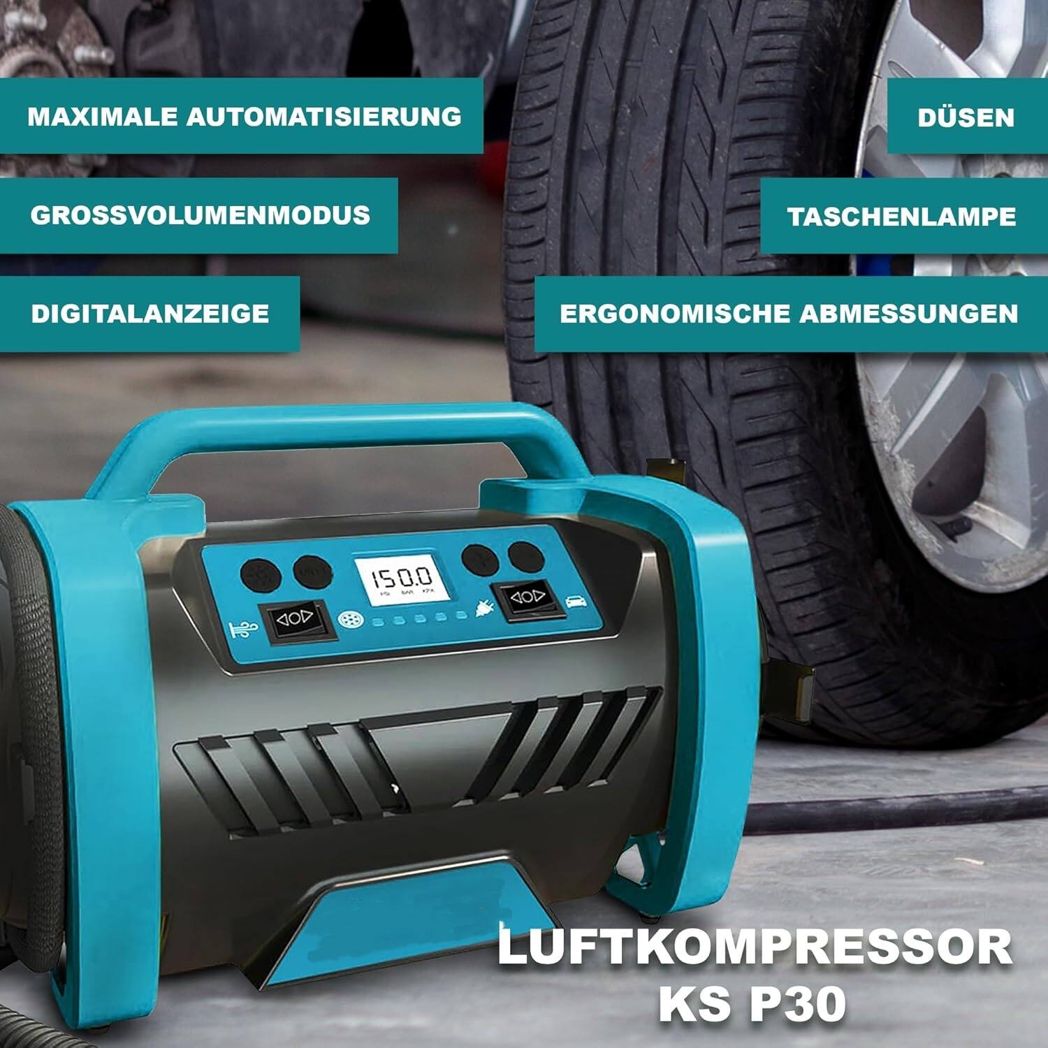 MAXIMALE AUTOMATISIERUNG  
GROSSVOLUMENMODUS  
DIGITALANZEIGE  
ERGONOMISCHE ABMESSUNGEN  
DÜSEN  
TASCHENLAMPE  

LUFTKOMPRESSOR KS P30