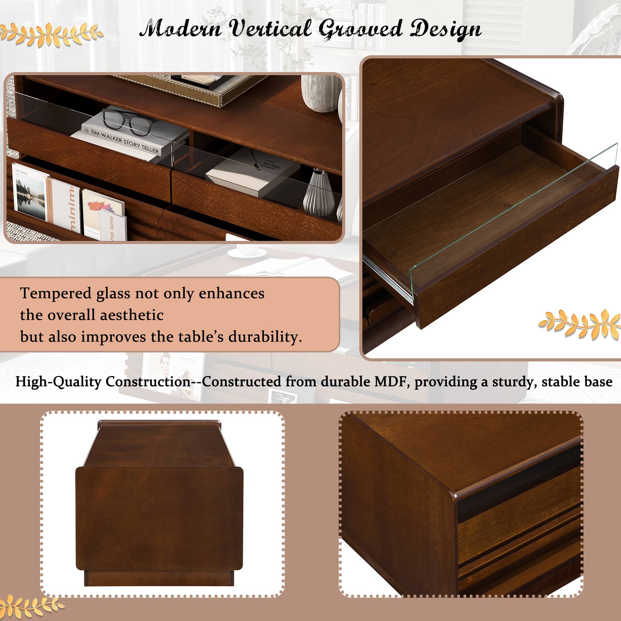 Modern Vertical Grooved Design

Tempered glass not only enhances the overall aesthetic but also improves the table's durability.

High-Quality Construction—Constructed from durable MDF, providing a sturdy, stable base