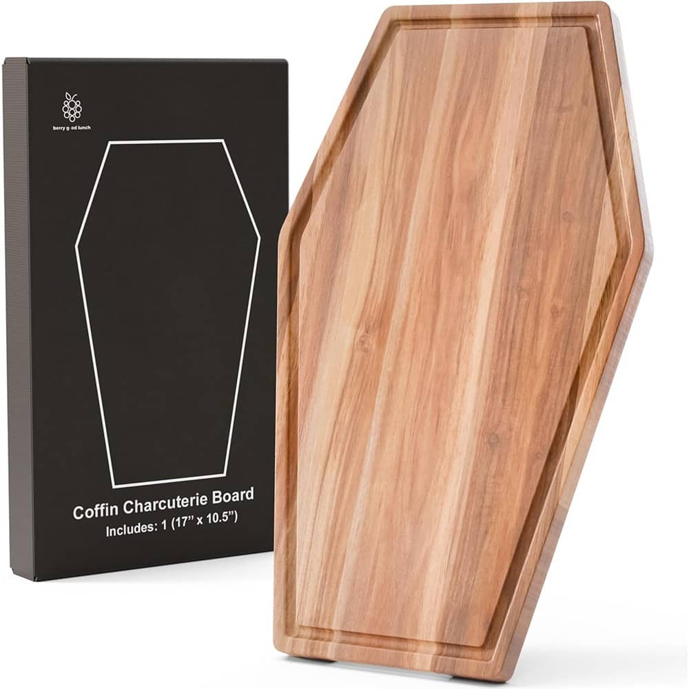 PARKER SLATER - Large Gothic Coffin-Shaped Acacia Wood Cutting Board, 17"x10.5", Halloween