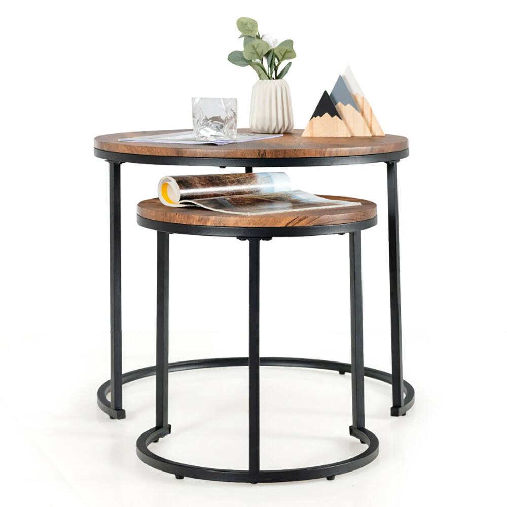 Alt View 5. Pefilos - Set of 2 Modern Round Stacking Nesting Coffee Tables for Living Room-Rustic Brown, Modern Coffee Table for Living Room - Brown.