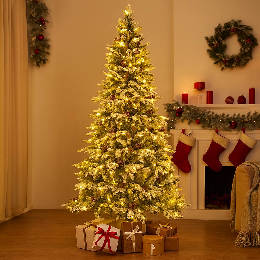 Angle. BreeBe - Artificial Pre-Lit Christmas Tree 6/7.5/9FT with 280–690 LEDs & Full Tips - Green+White.