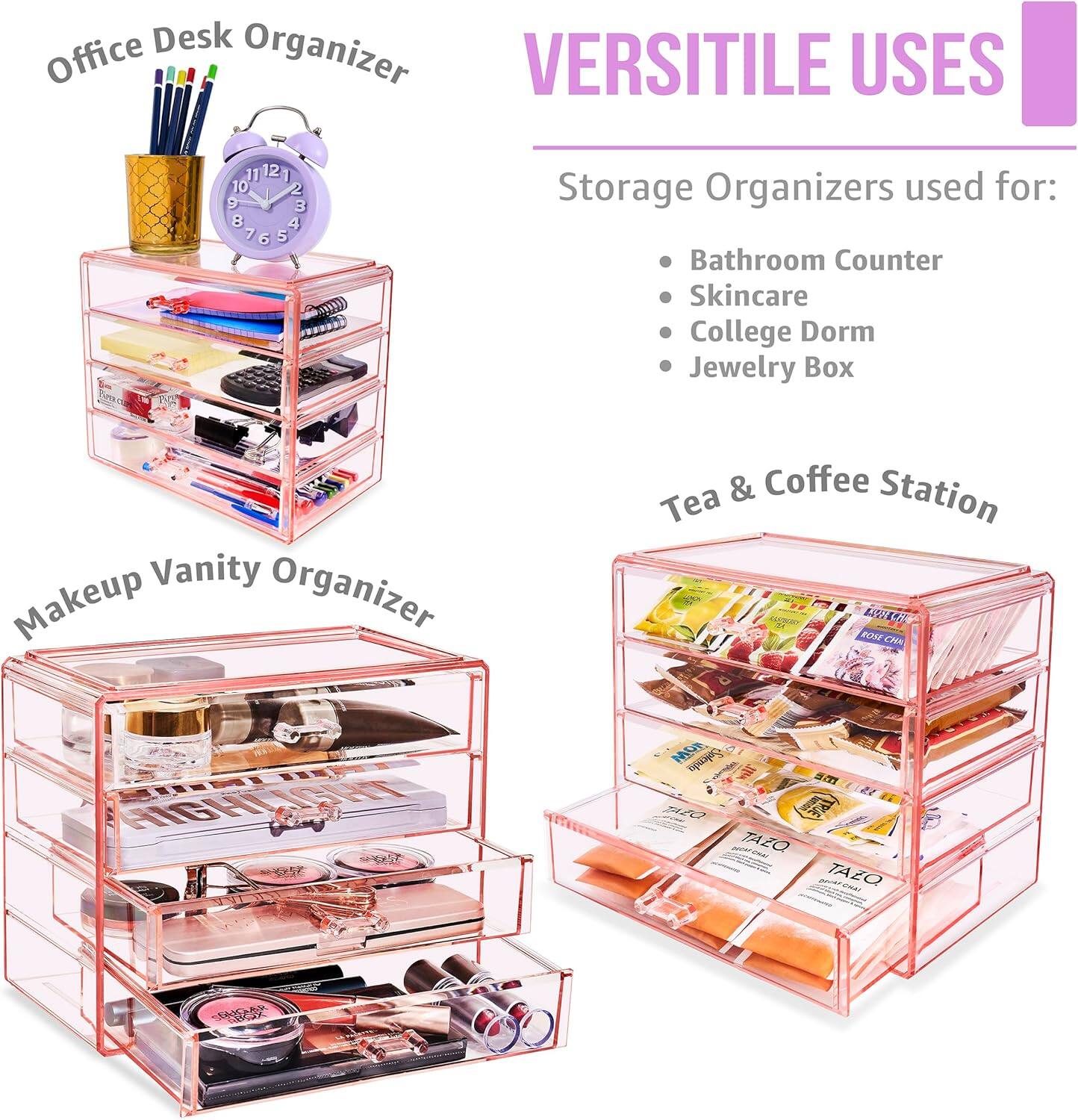 Office Desk Organizer

VERSITILE USES

Storage Organizers used for:
- Bathroom Counter
- Skincare
- College Dorm
- Jewelry Box

Makeup Vanity Organizer

Tea & Coffee Station