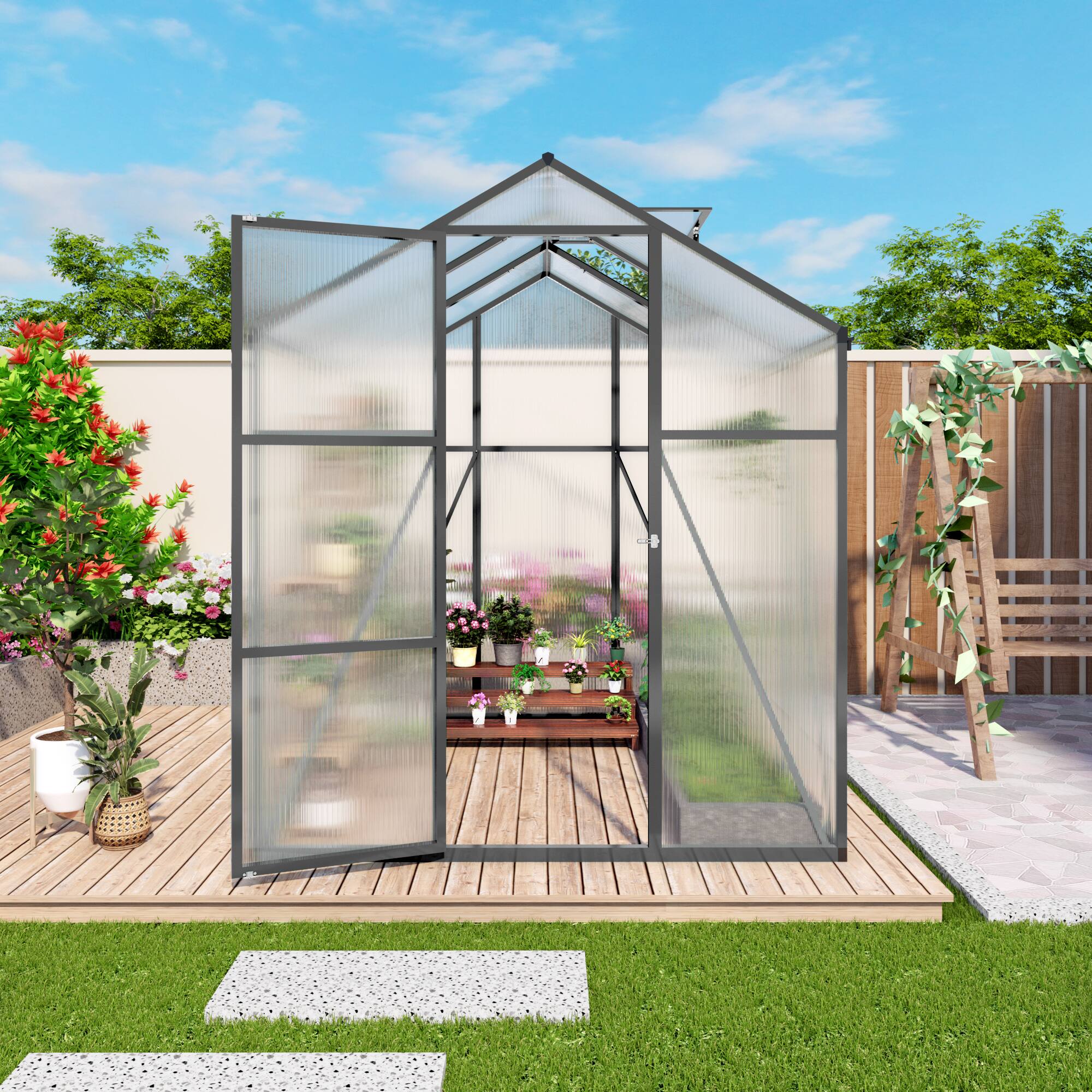Angle. Mondawe - 6x6 FT Polycarbonate Greenhouse with Raised Base and Anchor Aluminum, Gain Height Windproof Aluminum - Black.