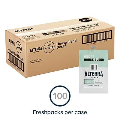 House Blend Decaf  
ALTERRA COFFEE  
100 Freshpacks per case  

ALTERRA  
48013  
House Blend Decaf  
0 903 2571 1212 2  

DECAF  
HOUSE BLEND  
ALTERRA COFFEE  
FRESH & GOURMET