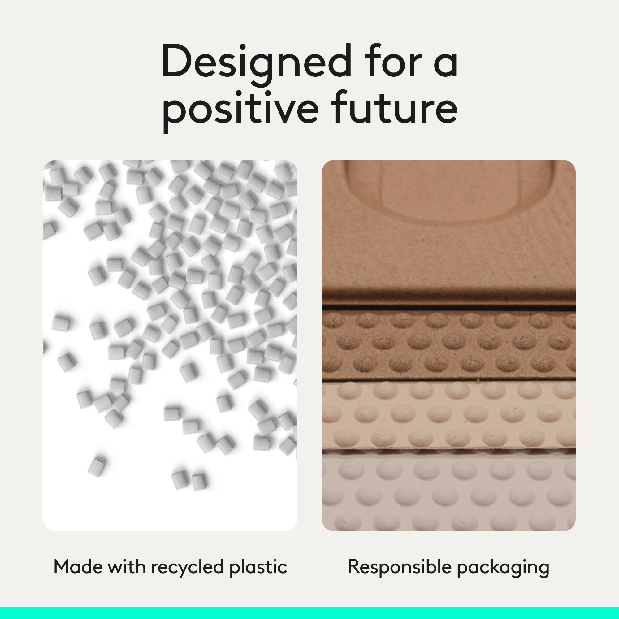 Designed for a positive future  
Made with recycled plastic  
Responsible packaging
