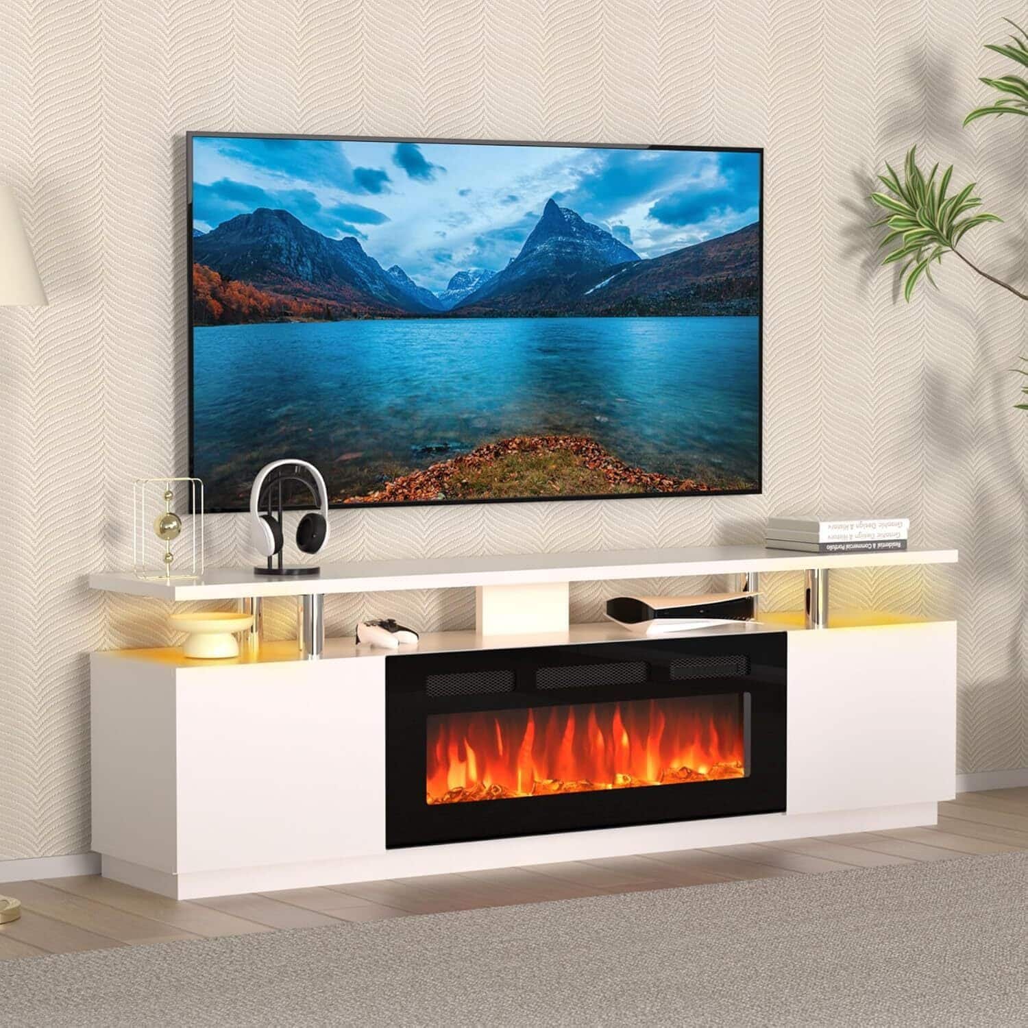 GARVEE - 70" Modern Fireplace TV Stand with 36" Electric Fireplace for Living Room - White