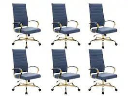 LeisureMod - Set of 6 Benmar Modern High-Back Leather Conference Office Chair with Gold Steel Frame, Swivel, and Tilt - Navy Blue