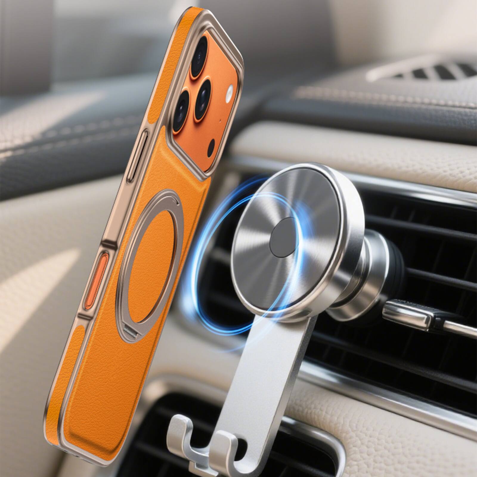 Alt View 2. Dteck - Magnetic Shockproof Phone Case for Apple iPhone 17 Pro with 360 Rotating Ring Stand, PU Leather Hard PC Protective Cover - Gold.