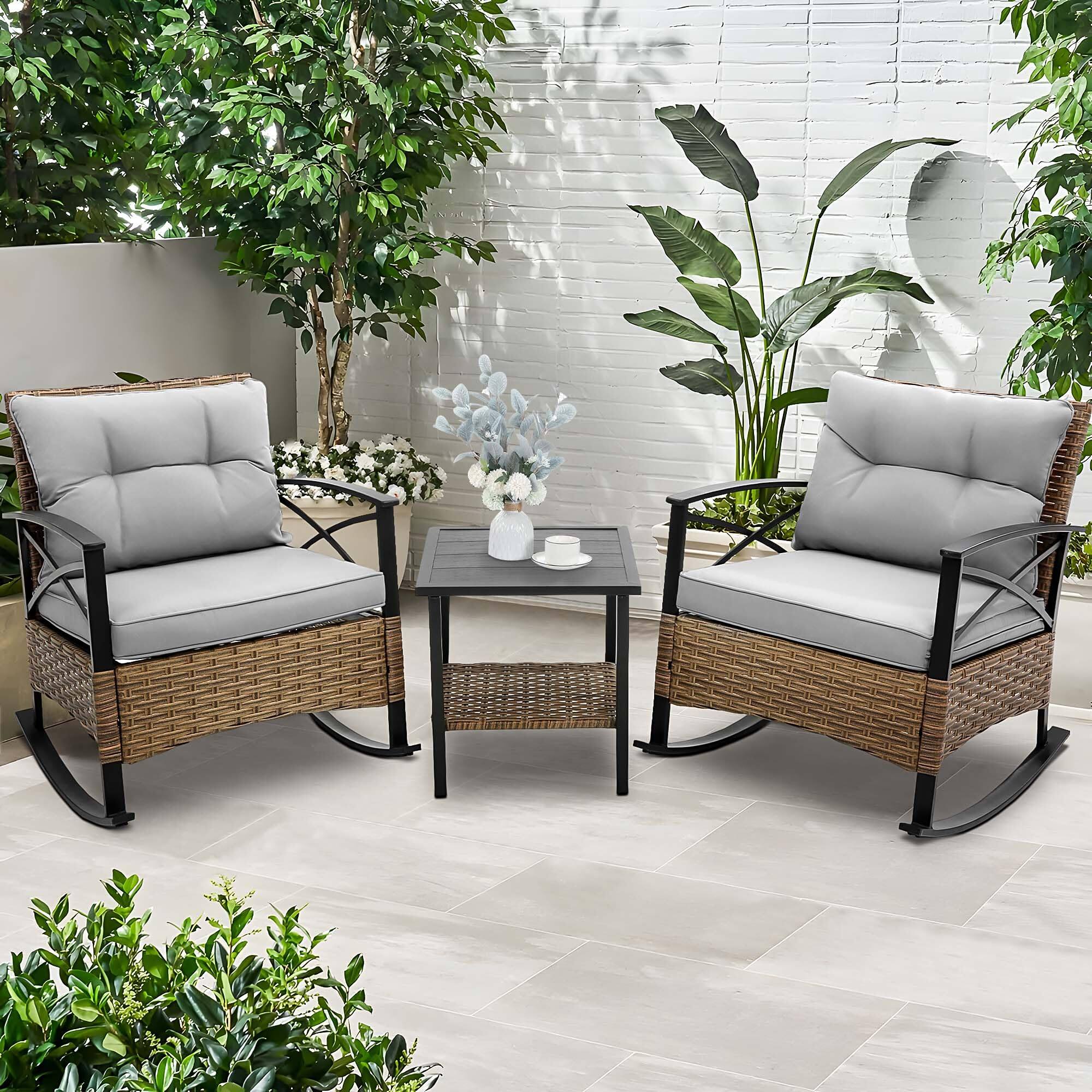 Alt View 1. Ecooso - 3-Piece Rocking Rattan Outdoor Leisure Chair Set - Grey.