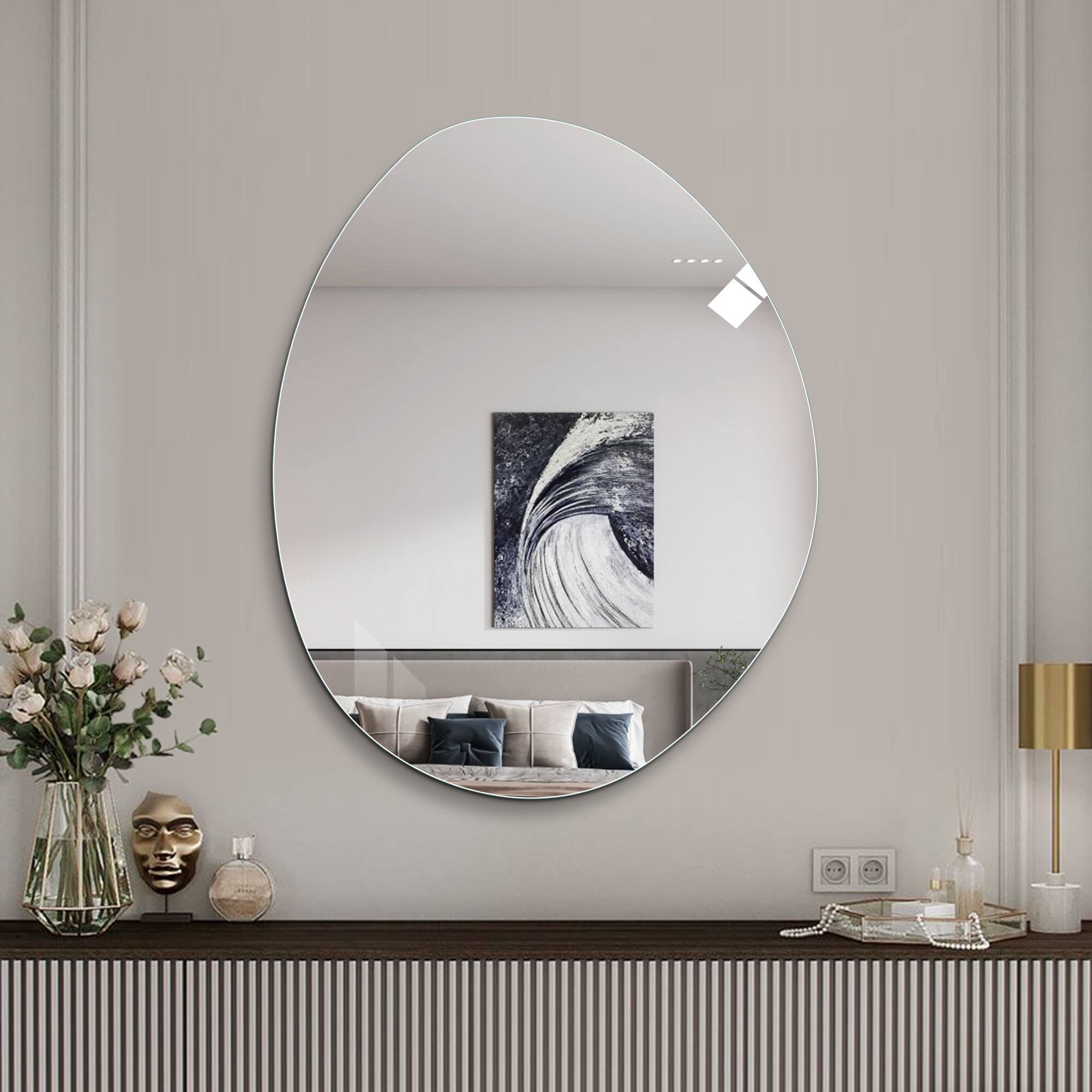 Alt View 3. Boyel Living - 40 by 32 Inch Modern Asymmetrical Bathroom Wall Mirror HD Copper Free Silver Glass Anti Oxidation Vertical Hanging.