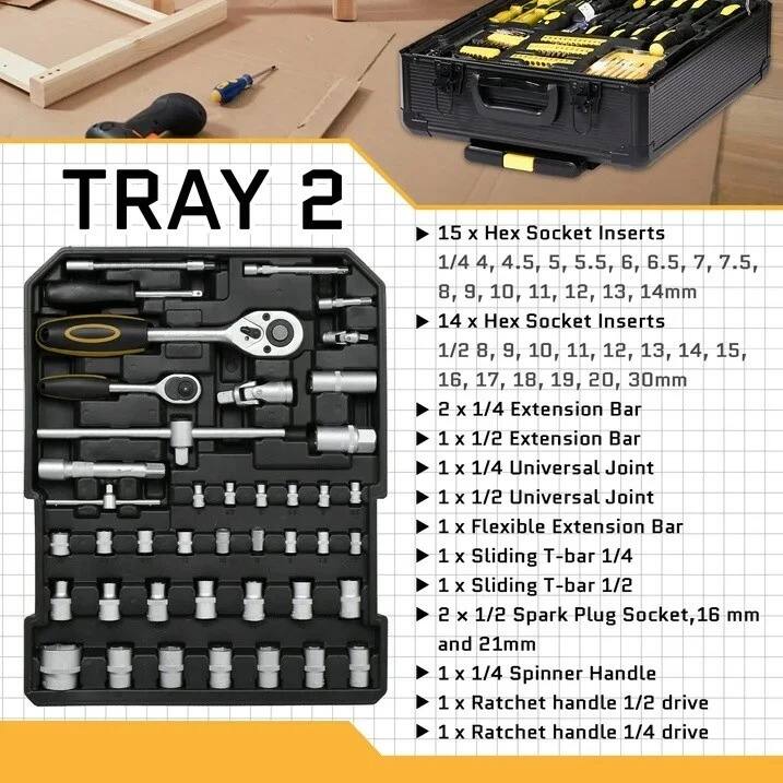 TRAY 2

- 15 x Hex Socket Inserts 1/4 4, 4.5, 5, 5.5, 6, 6.5, 7, 7.5, 8, 9, 10, 11, 12, 13, 14mm
- 14 x Hex Socket Inserts 1/2 8, 9, 10, 11, 12, 13, 14, 15, 16, 17, 18, 19, 20, 30mm
- 2 x 1/4 Extension Bar
- 1 x 1/2 Extension Bar
- 1 x 1/4 Universal Joint
- 1 x 1/2 Universal Joint
- 1 x Flexible Extension Bar
- 1 x Sliding T-bar 1/4
- 1 x Sliding T-bar 1/2
- 2 x 1/2 Spark Plug Socket, 16 mm and 21mm
- 1 x 1/4 Spinner Handle
- 
