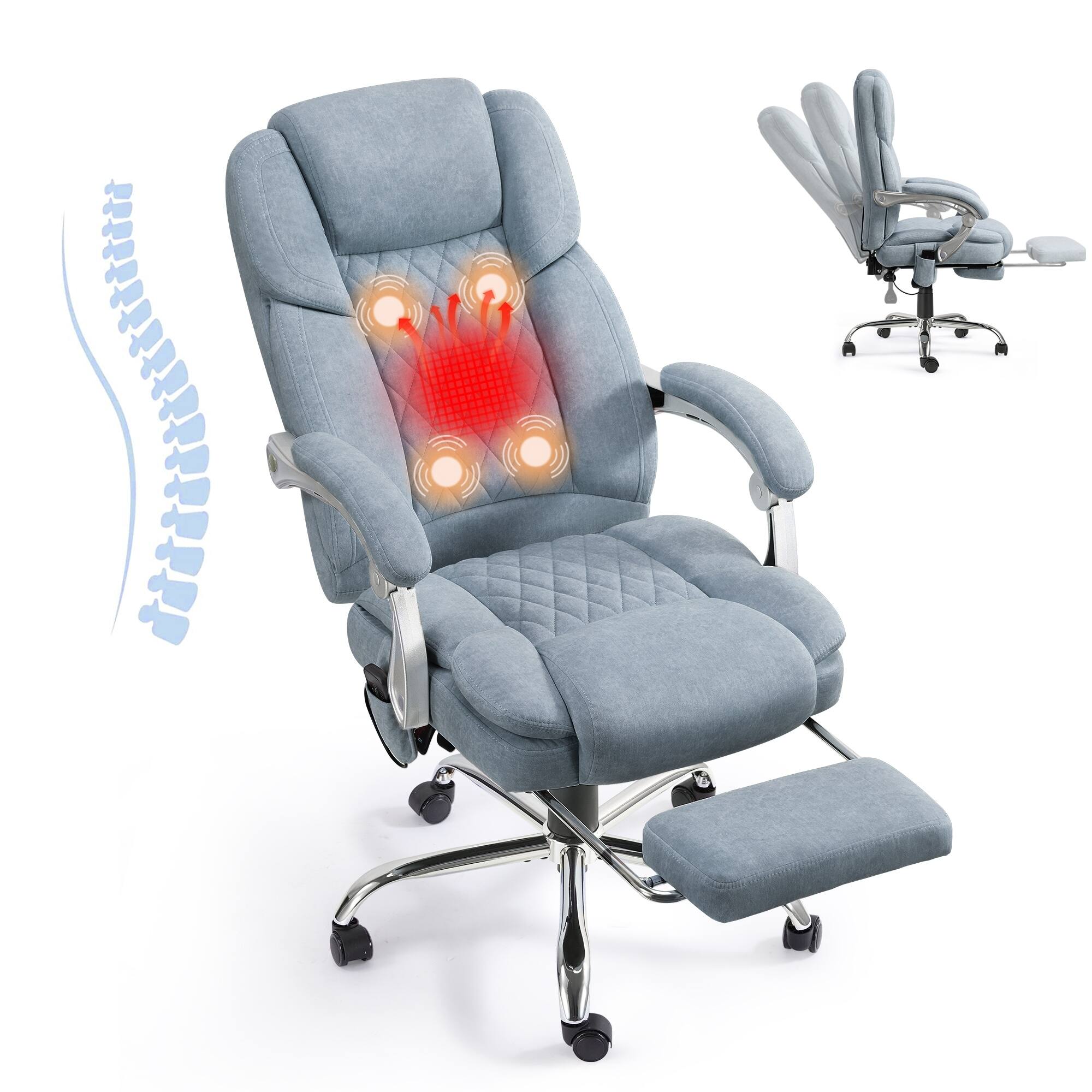 Angle. U-HOMY - Heated Massage Office Chair with Footrest, 6-Point Massage and Lumbar Support, Ergonomic Reclining Desk Chair - Grey Blue.