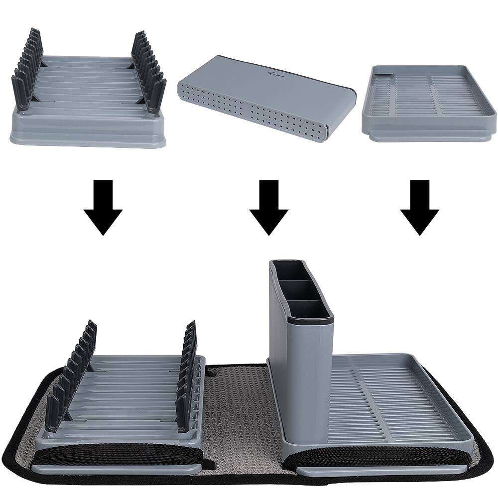 Angle. Empava - 16-in Indoor/Outdoor Portable Camping RV Foldable Collection Dish and Cups Rack Set with Drying Mat - Gray.