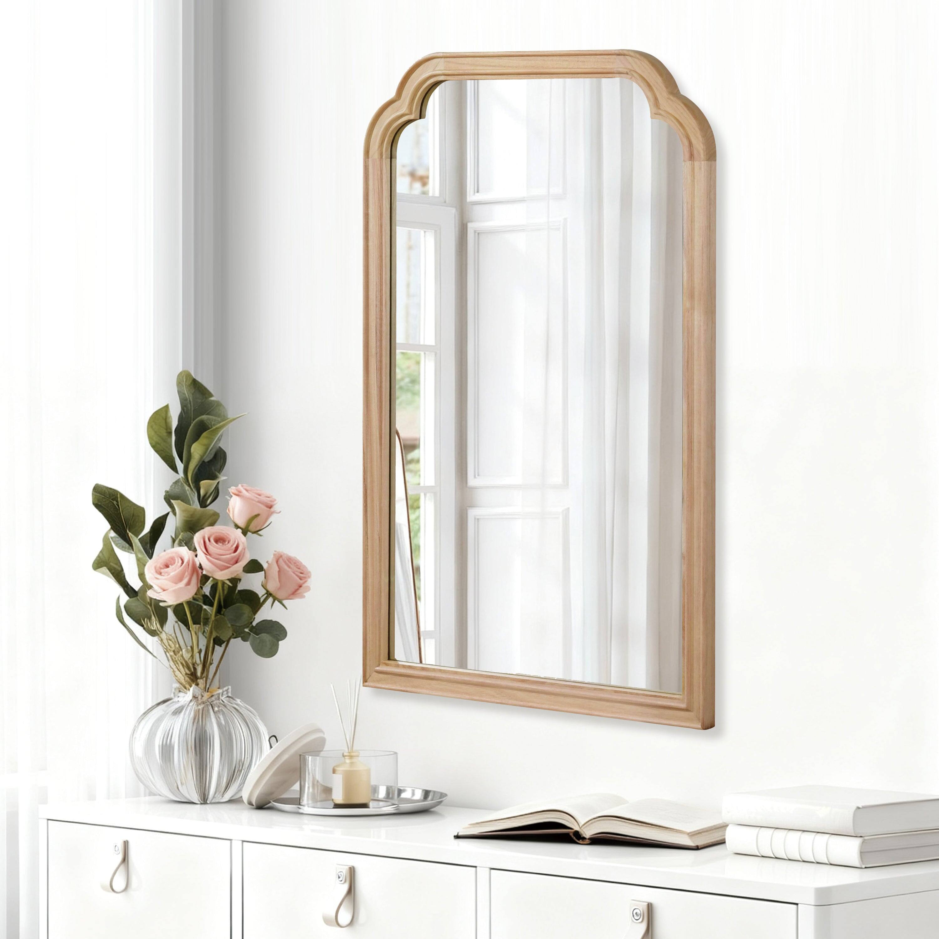 Left. BreeBe - 20x30 Natural Wood Solid Wood Rounded Corner Decorative Mirror for Bedroom Bathroom Living Room Entryway - Natural Wood.