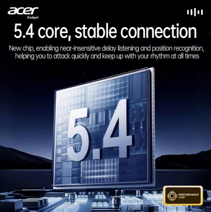 acer Gadget  
5.4 core, stable connection  
New chip, enabling near-insensitive delay listening and position recognition, helping you to attack quickly and keep up with your rhythm at all times  

54 PERFORMANCE CHIP