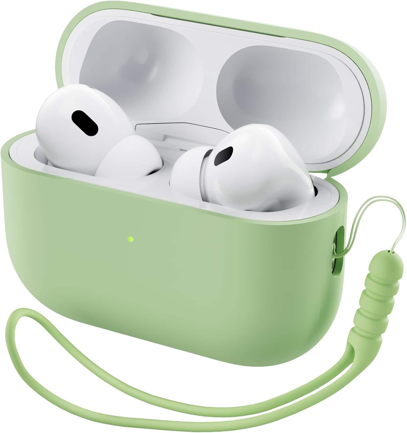Front. Ornarto - ORNARTO for AirPods Pro 2 Case (2022), Protective Liquid Silicone Cover with Lanyard, Front LED Visible Case-Matcha - Matcha.