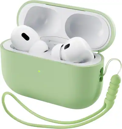 Front. Ornarto - ORNARTO for AirPods Pro 2 Case (2022), Protective Liquid Silicone Cover with Lanyard, Front LED Visible Case-Matcha - Matcha.