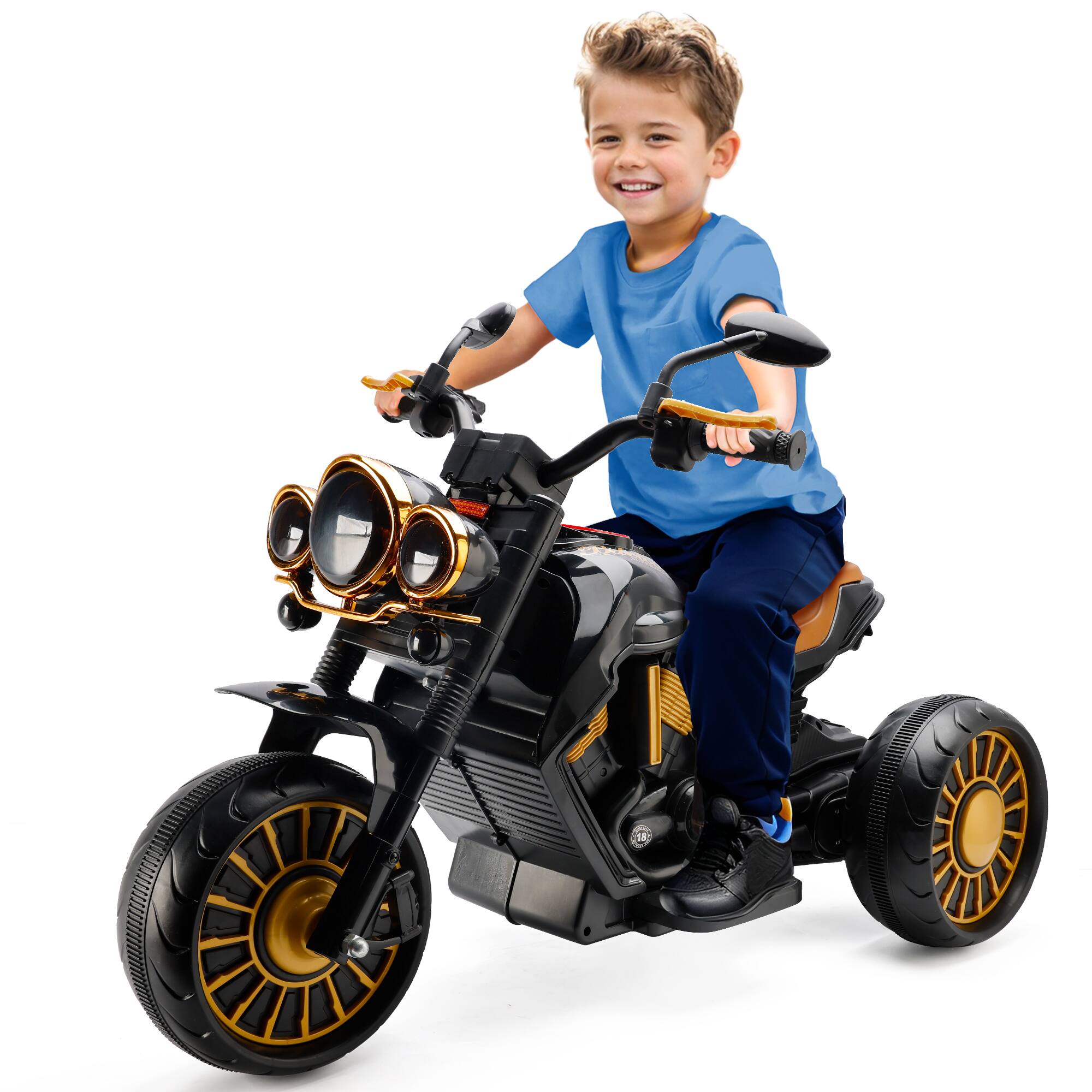 Angle. Topteng - 3-Wheel Kids Electric Motorcycle with LED Light - Dual Drive, for Ages 3-8, All-Terrain used​ Brown - Brown.