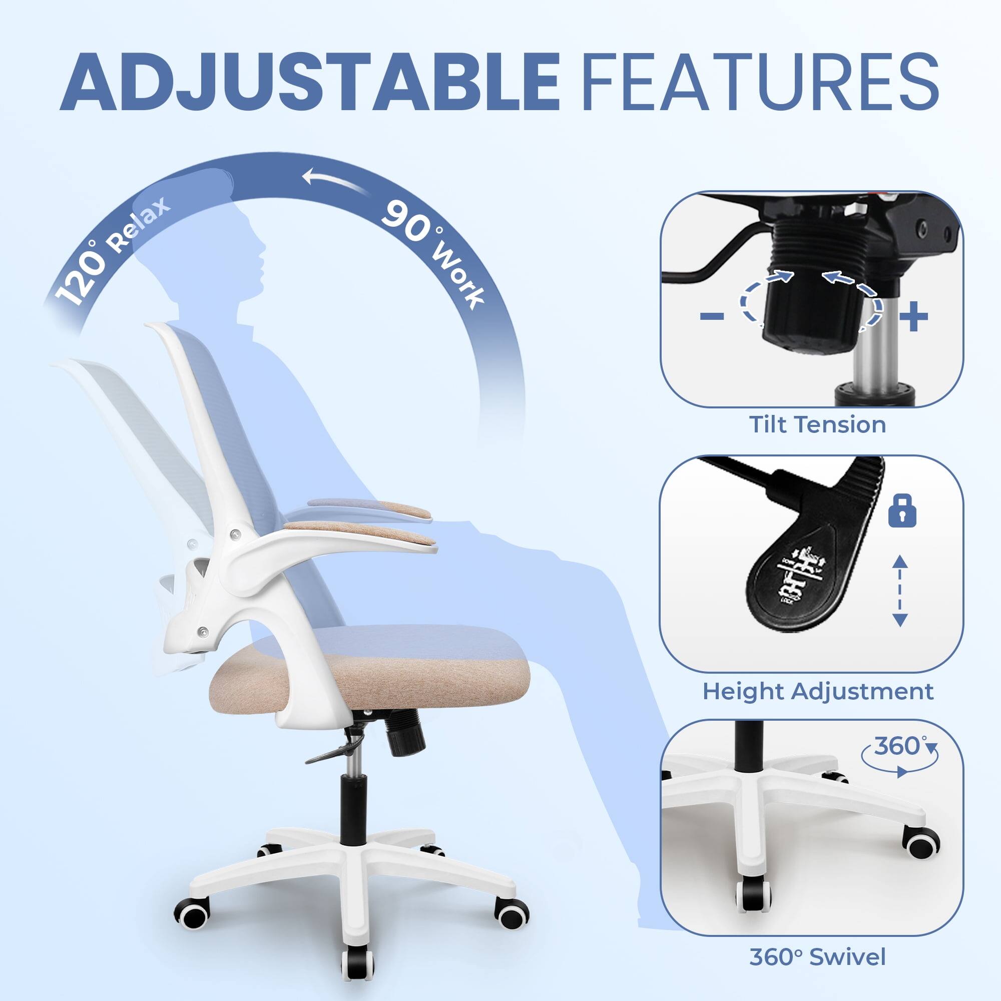 ADJUSTABLE FEATURES

- 120° Relax
- 90° Work
- Tilt Tension
- Height Adjustment
- 360° Swivel
