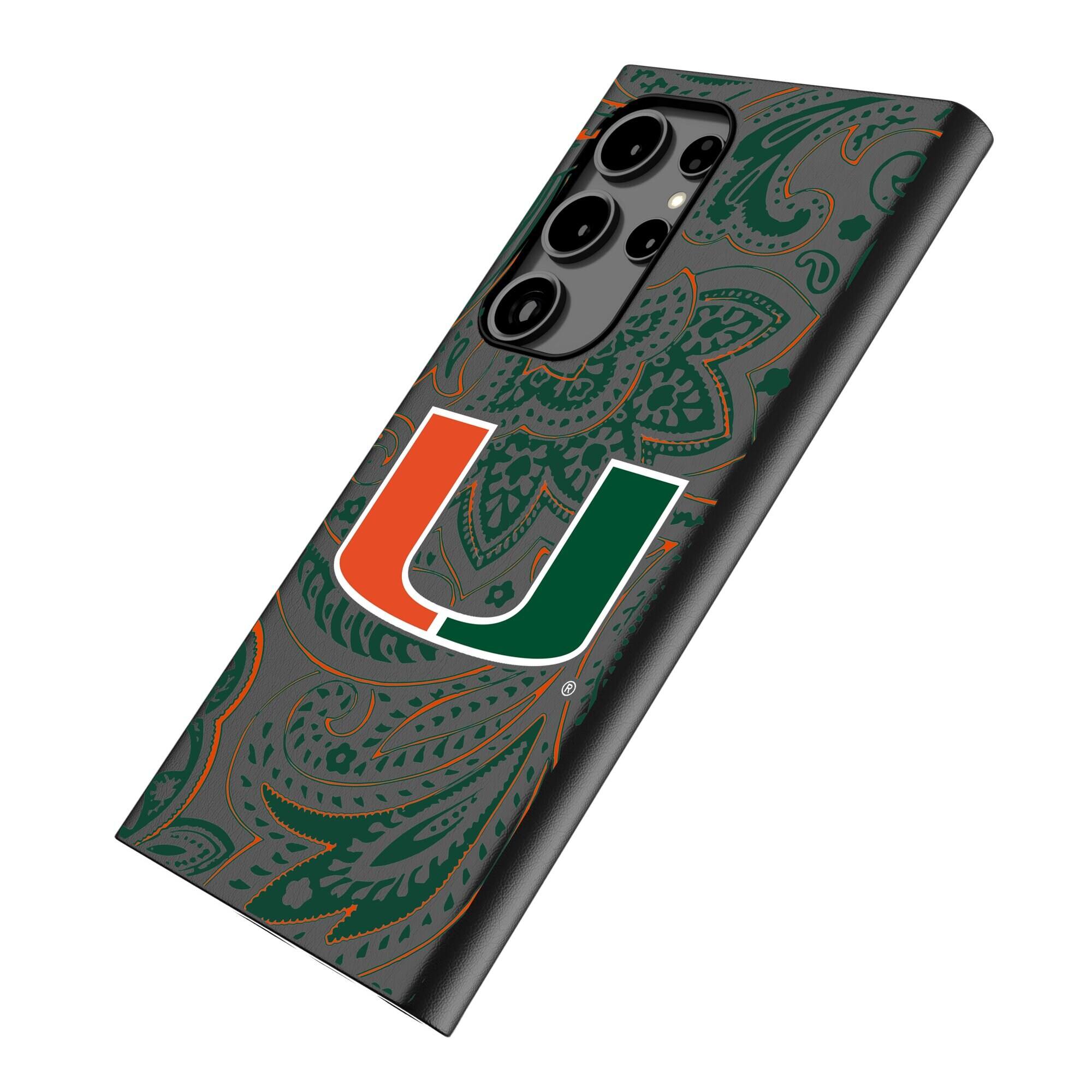 Alt View 1. Keyscaper - Miami Hurricanes Paisley Galaxy Magnetic Bump Case - S24 Ultra - Black.