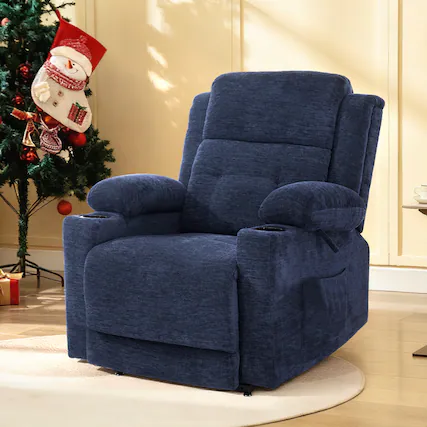 Front. Brick Attic - 35.7-Inch Wide Luxury Electric Lift Recliner (with Power Adjustment) — Designed for Seniors, Chenille Fabric - Blue.