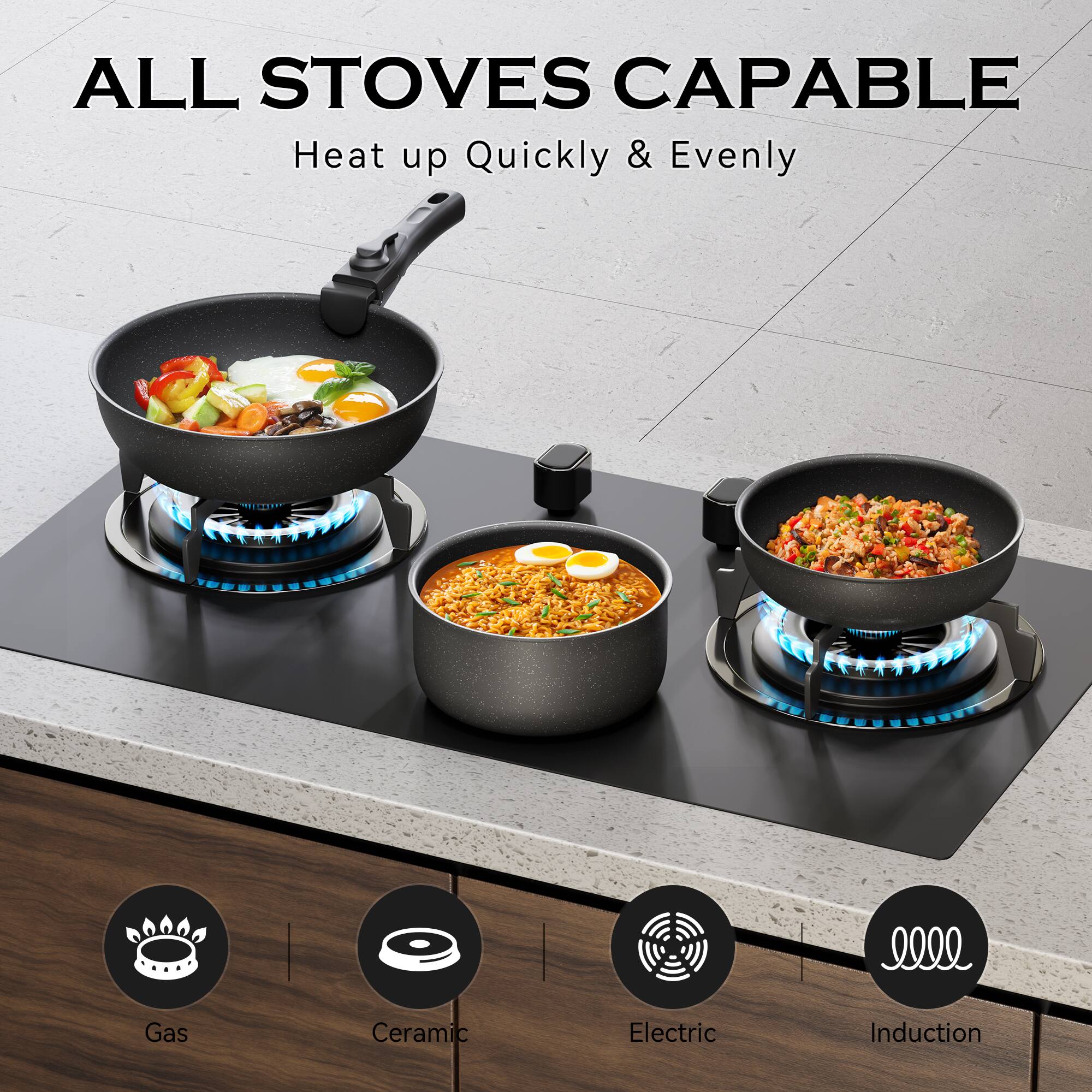All stoves capable: Heat up quickly & evenly. Gas, Ceramic, Electric, Induction.