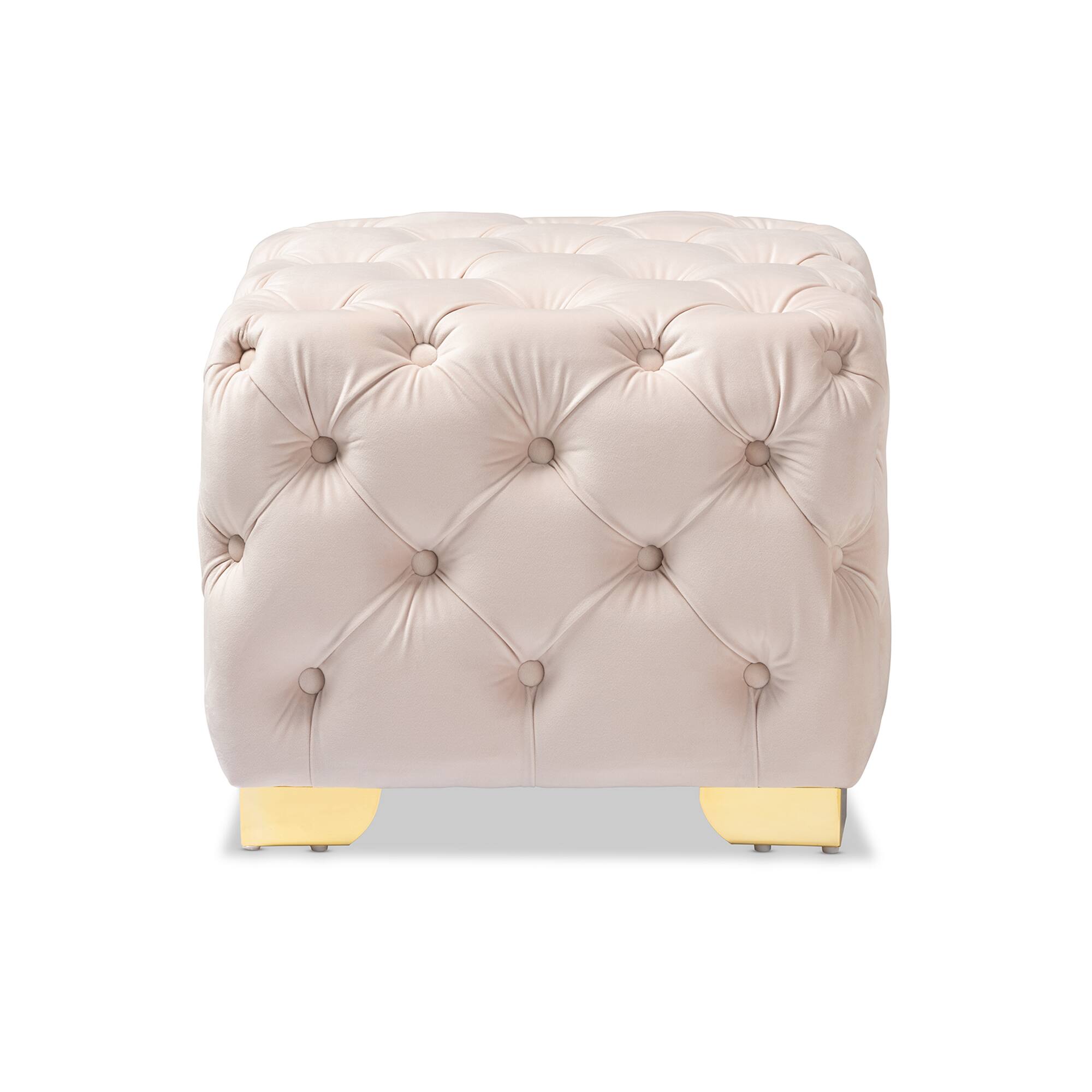 Angle. Baxton Studio - Avara Glam and Luxe Velvet Fabric Upholstered Gold Finished Button Tufted Ottoman - Light Beige/Gold.