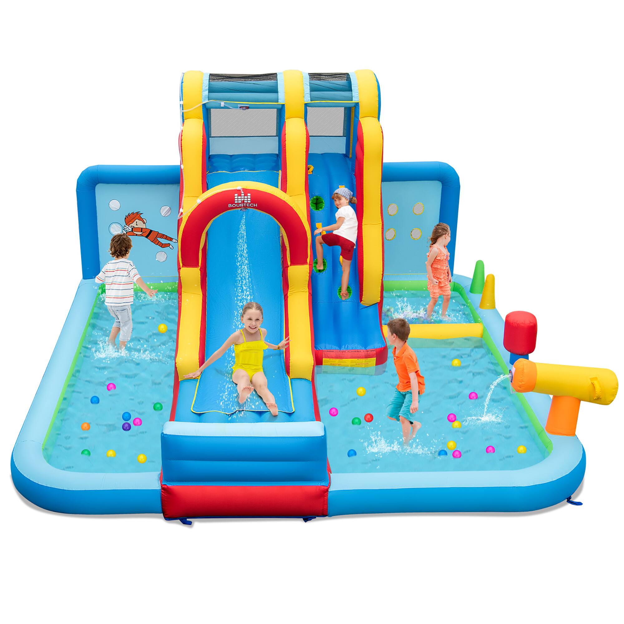 Gymax - Inflatable Water Slide w/ Long Slide Climbing Wall Splash Pools without Blower - Multicolor