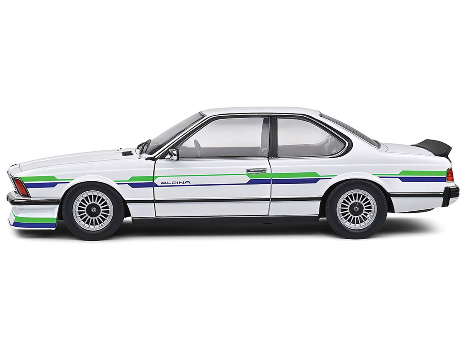 Back. Solido - 1984 BMW Alpina B7 Turbo (E24) White with Blue and Green Graphics 1/18 Diecast Model Car by Solido - White with Blue and Green.