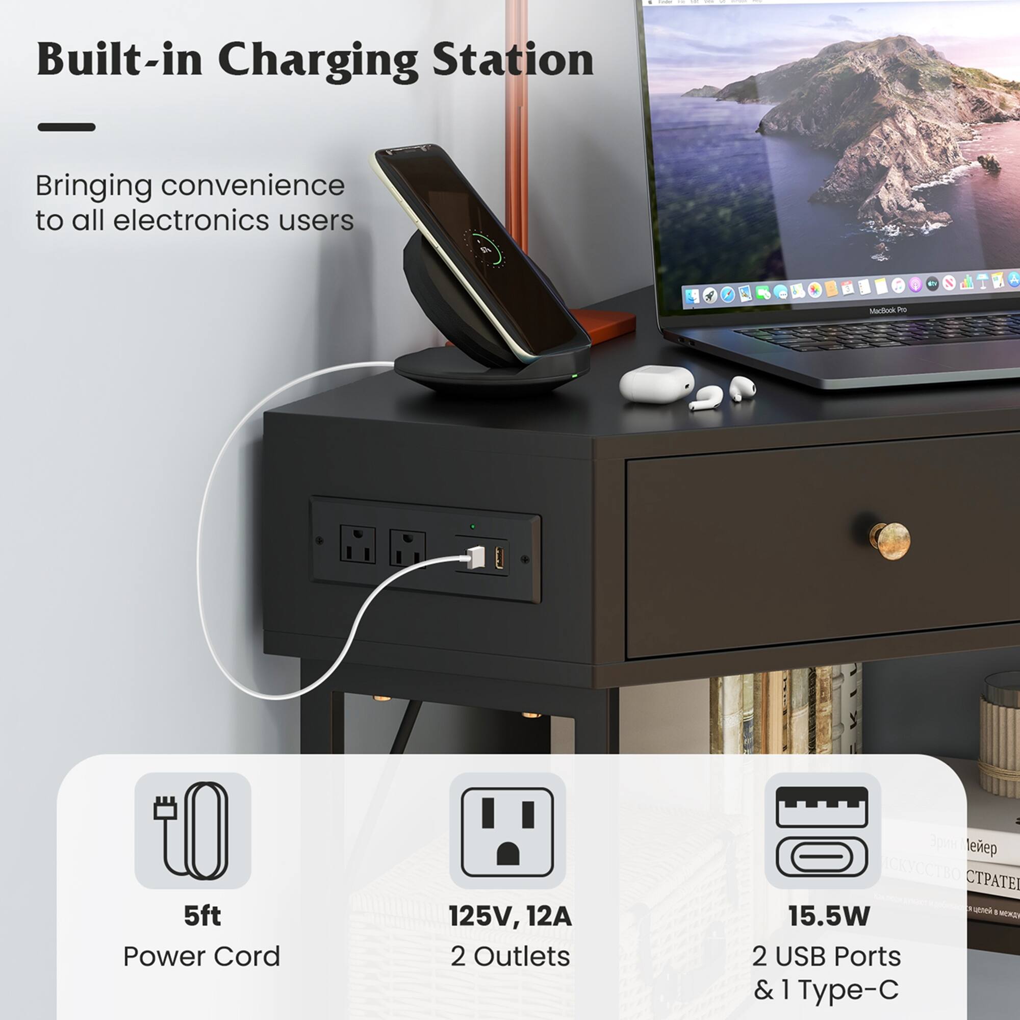Built-in Charging Station

Bringing convenience to all electronics users

- 5ft Power Cord
- 125V, 12A 2 Outlets
- 15.5W
- 2 USB Ports & 1 Type-C