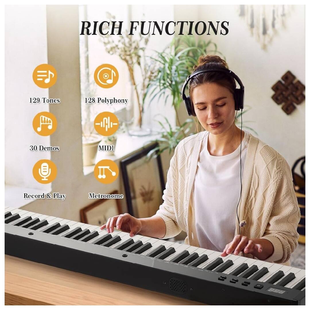 RICH FUNCTIONS

- 129 Tones
- 128 Polyphony
- 30 Demos
- MIDI
- Record & Play
- Metronome