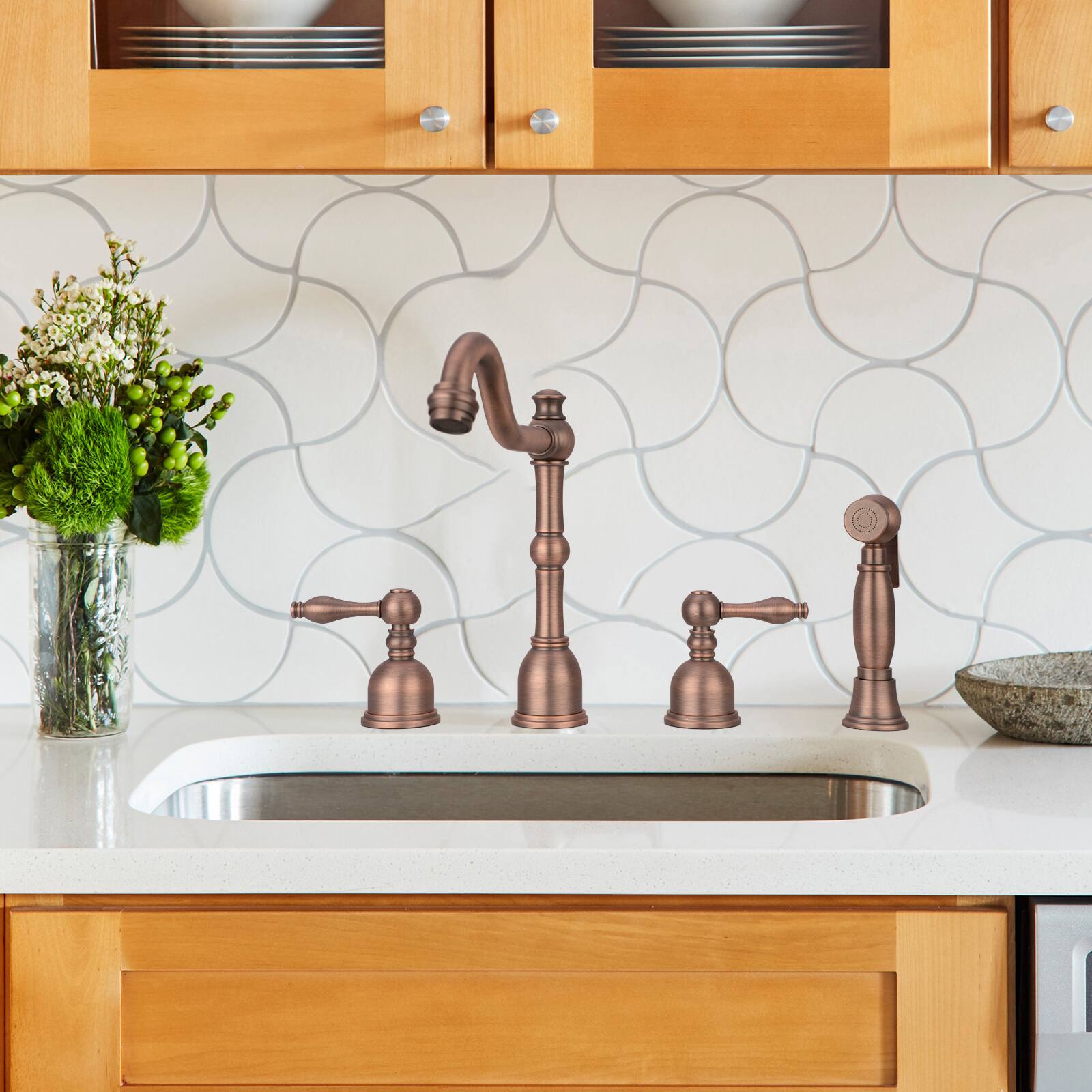 Alt View 6. Akicon - Akicon Solid Brass Two-Handles 360° Swivel Widespread Kitchen Faucet with Side Sprayer in Antique Brass - Antique Brass.